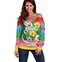 Hawaii Aloha Tropical Leaves and Flower Off Shoulder Sweater with Polynesian Art Tattoo Rainbow Color LT03 Women Rainbow - Polynesian Pride