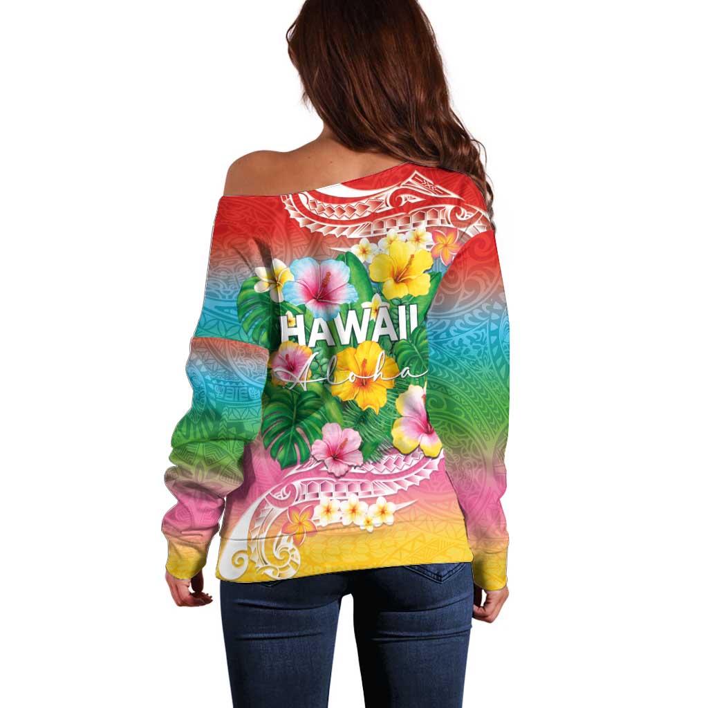 Hawaii Aloha Tropical Leaves and Flower Off Shoulder Sweater with Polynesian Art Tattoo Rainbow Color LT03 - Polynesian Pride