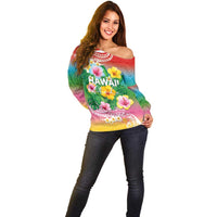 Hawaii Aloha Tropical Leaves and Flower Off Shoulder Sweater with Polynesian Art Tattoo Rainbow Color LT03 - Polynesian Pride