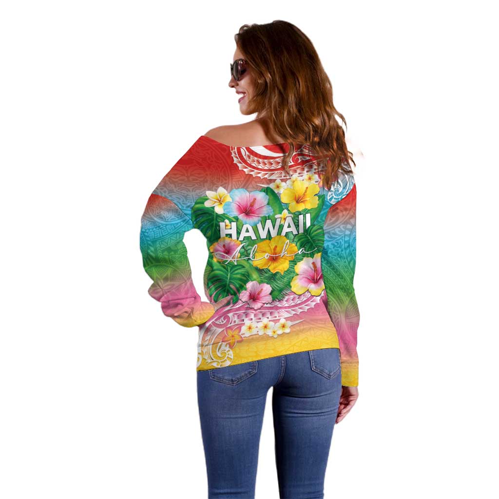 Hawaii Aloha Tropical Leaves and Flower Off Shoulder Sweater with Polynesian Art Tattoo Rainbow Color LT03 - Polynesian Pride