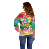Hawaii Aloha Tropical Leaves and Flower Off Shoulder Sweater with Polynesian Art Tattoo Rainbow Color LT03 - Polynesian Pride