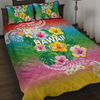 Hawaii Aloha Tropical Leaves and Flower Quilt Bed Set with Polynesian Art Tattoo Rainbow Color LT03 Rainbow - Polynesian Pride