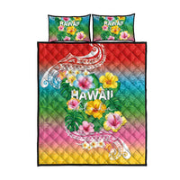 Hawaii Aloha Tropical Leaves and Flower Quilt Bed Set with Polynesian Art Tattoo Rainbow Color LT03 - Polynesian Pride