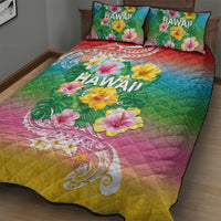 Hawaii Aloha Tropical Leaves and Flower Quilt Bed Set with Polynesian Art Tattoo Rainbow Color LT03 - Polynesian Pride