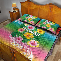 Hawaii Aloha Tropical Leaves and Flower Quilt Bed Set with Polynesian Art Tattoo Rainbow Color LT03 - Polynesian Pride