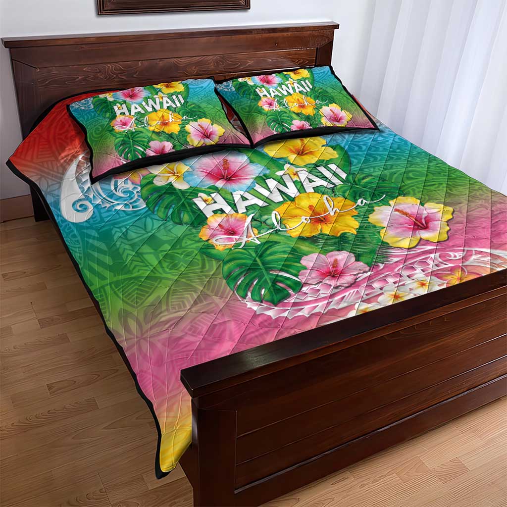 Hawaii Aloha Tropical Leaves and Flower Quilt Bed Set with Polynesian Art Tattoo Rainbow Color LT03 - Polynesian Pride