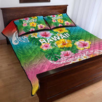 Hawaii Aloha Tropical Leaves and Flower Quilt Bed Set with Polynesian Art Tattoo Rainbow Color LT03 - Polynesian Pride