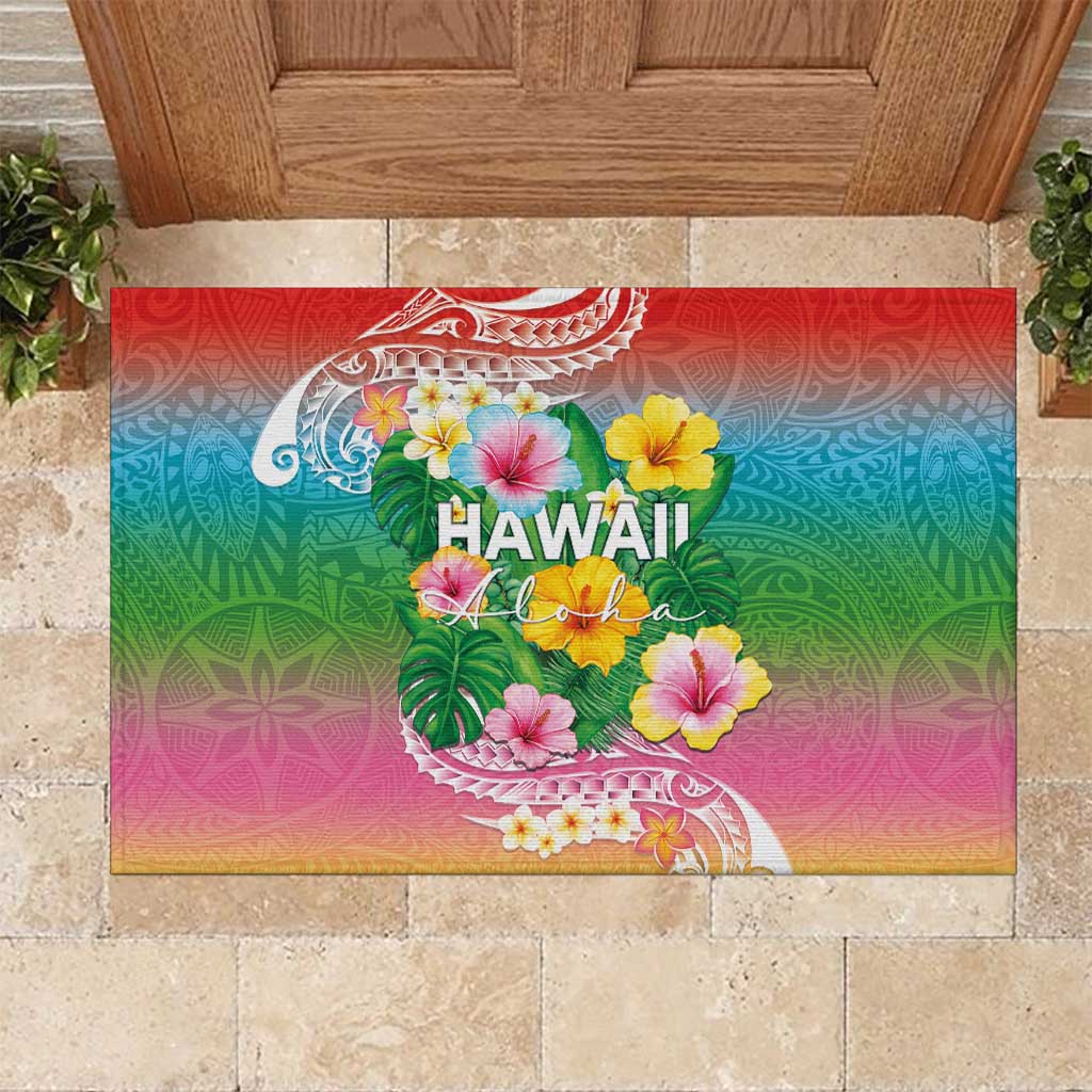 Hawaii Aloha Tropical Leaves and Flower Rubber Doormat with Polynesian Art Tattoo Rainbow Color LT03 Rainbow - Polynesian Pride