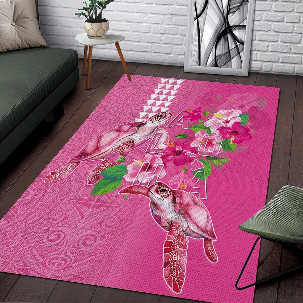 Hawaii Aloha Turtle Hibiscus and Leaves Area Rug with Polynesian and Kakau Tattoos Rose Color LT03 Pink - Polynesian Pride