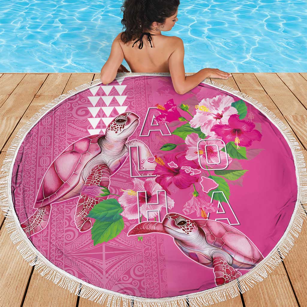 Hawaii Aloha Turtle Hibiscus and Leaves Beach Blanket with Polynesian and Kakau Tattoos Rose Color LT03 - Polynesian Pride