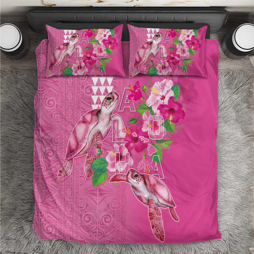 Hawaii Aloha Turtle Hibiscus and Leaves Bedding Set with Polynesian and Kakau Tattoos Rose Color LT03 Pink - Polynesian Pride