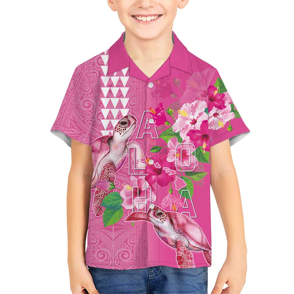 Hawaii Aloha Turtle Hibiscus and Leaves Kid Hawaiian Shirt with Polynesian and Kakau Tattoos Rose Color LT03 Kid Pink - Polynesian Pride