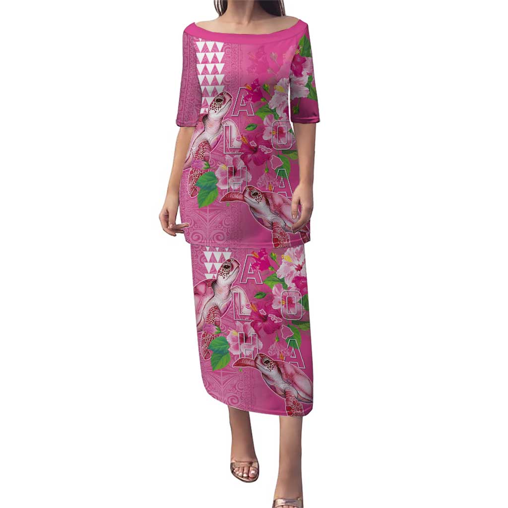 Hawaii Aloha Turtle Hibiscus and Leaves Puletasi with Polynesian and Kakau Tattoos Rose Color LT03 Long Dress Pink - Polynesian Pride
