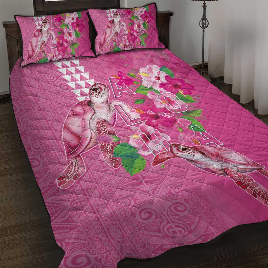 Hawaii Aloha Turtle Hibiscus and Leaves Quilt Bed Set with Polynesian and Kakau Tattoos Rose Color LT03 Pink - Polynesian Pride