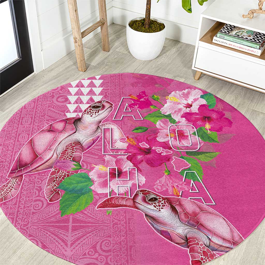Hawaii Aloha Turtle Hibiscus and Leaves Round Carpet with Polynesian and Kakau Tattoos Rose Color LT03 Pink - Polynesian Pride