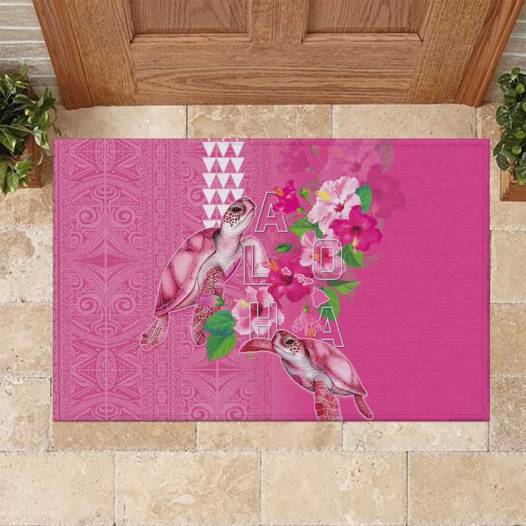 Hawaii Aloha Turtle Hibiscus and Leaves Rubber Doormat with Polynesian and Kakau Tattoos Rose Color LT03 Pink - Polynesian Pride