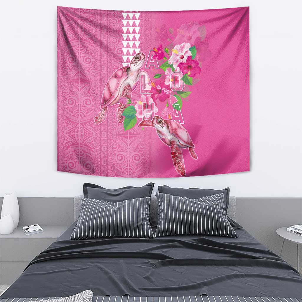 Hawaii Aloha Turtle Hibiscus and Leaves Tapestry with Polynesian and Kakau Tattoos Rose Color LT03 - Polynesian Pride