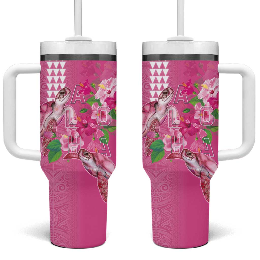 Hawaii Aloha Turtle Hibiscus and Leaves Tumbler With Handle with Polynesian and Kakau Tattoos Rose Color LT03 One Size: 40 oz Pink - Polynesian Pride