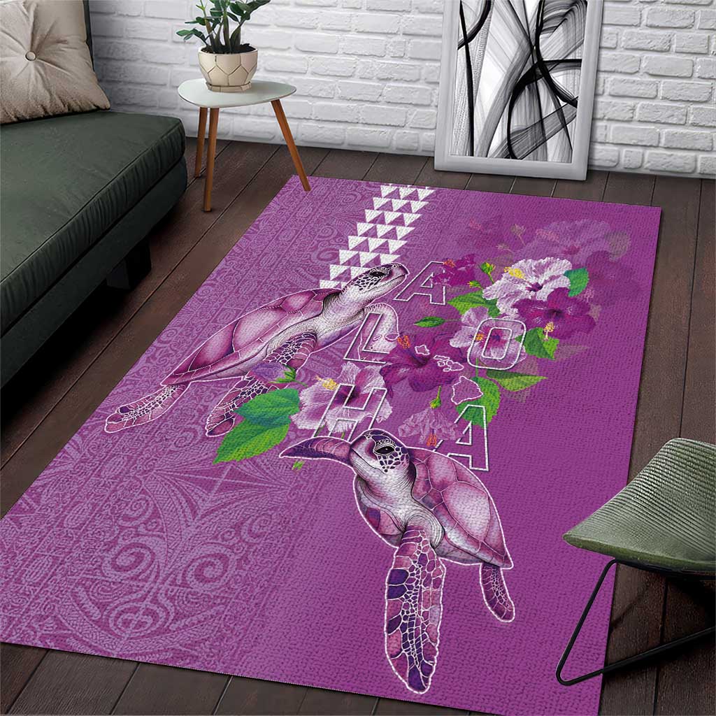 Hawaii Aloha Turtle Hibiscus and Leaves Area Rug with Polynesian and Kakau Tattoos Lilac Color LT03 Purple - Polynesian Pride