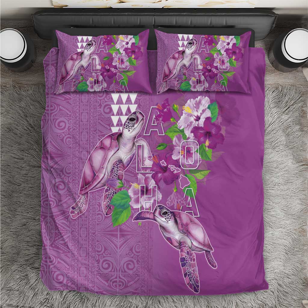 Hawaii Aloha Turtle Hibiscus and Leaves Bedding Set with Polynesian and Kakau Tattoos Lilac Color LT03 Purple - Polynesian Pride