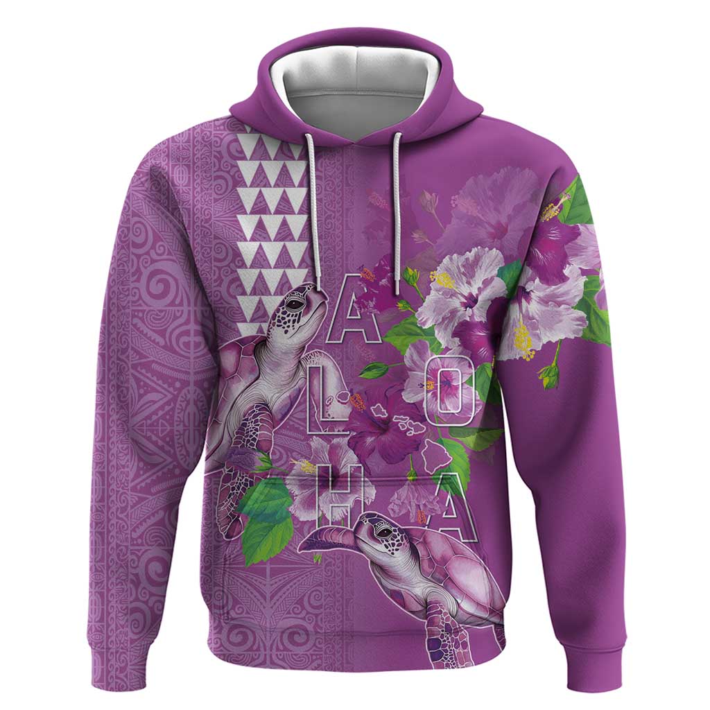Hawaii Aloha Turtle Hibiscus and Leaves Hoodie with Polynesian and Kakau Tattoos Lilac Color LT03 Pullover Hoodie Purple - Polynesian Pride