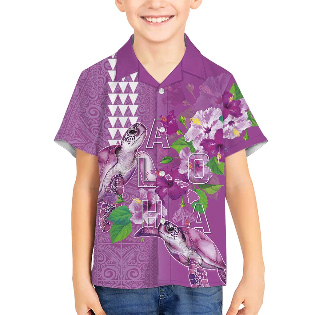 Hawaii Aloha Turtle Hibiscus and Leaves Kid Hawaiian Shirt with Polynesian and Kakau Tattoos Lilac Color LT03 Kid Purple - Polynesian Pride