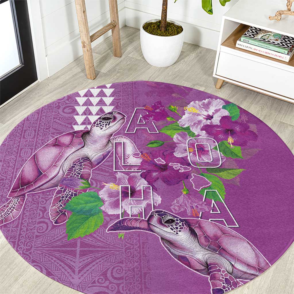 Hawaii Aloha Turtle Hibiscus and Leaves Round Carpet with Polynesian and Kakau Tattoos Lilac Color LT03 Purple - Polynesian Pride