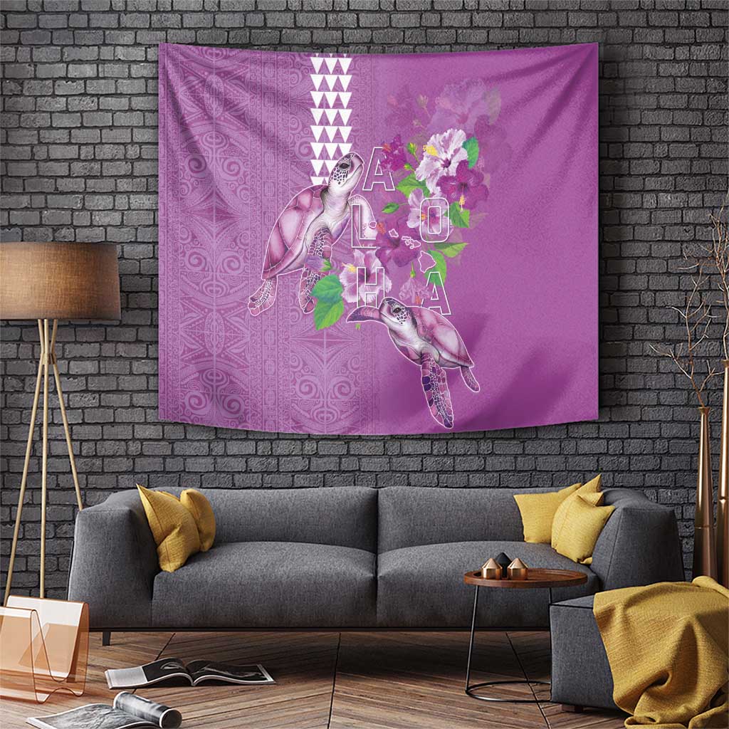 Hawaii Aloha Turtle Hibiscus and Leaves Tapestry with Polynesian and Kakau Tattoos Lilac Color LT03 Purple - Polynesian Pride