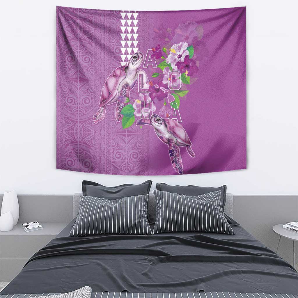 Hawaii Aloha Turtle Hibiscus and Leaves Tapestry with Polynesian and Kakau Tattoos Lilac Color LT03 - Polynesian Pride