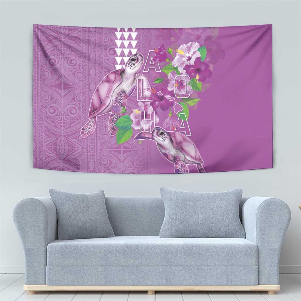 Hawaii Aloha Turtle Hibiscus and Leaves Tapestry with Polynesian and Kakau Tattoos Lilac Color LT03 - Polynesian Pride