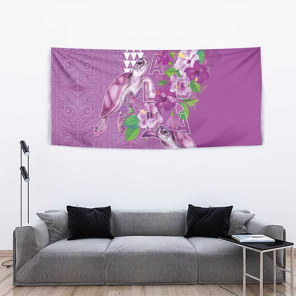 Hawaii Aloha Turtle Hibiscus and Leaves Tapestry with Polynesian and Kakau Tattoos Lilac Color LT03 - Polynesian Pride
