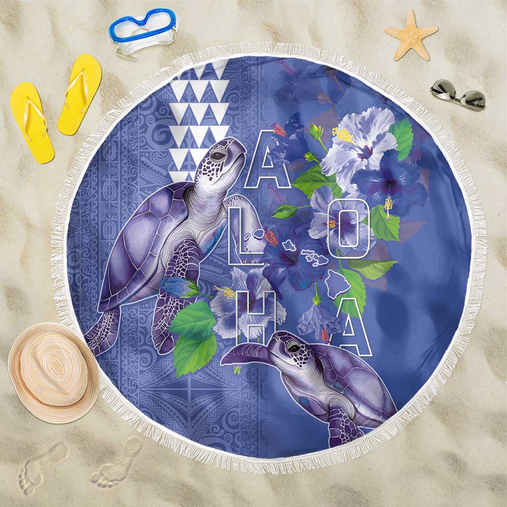 Hawaii Aloha Turtle Hibiscus and Leaves Beach Blanket with Polynesian and Kakau Tattoos Denim Color LT03 One Size 150cm Blue - Polynesian Pride