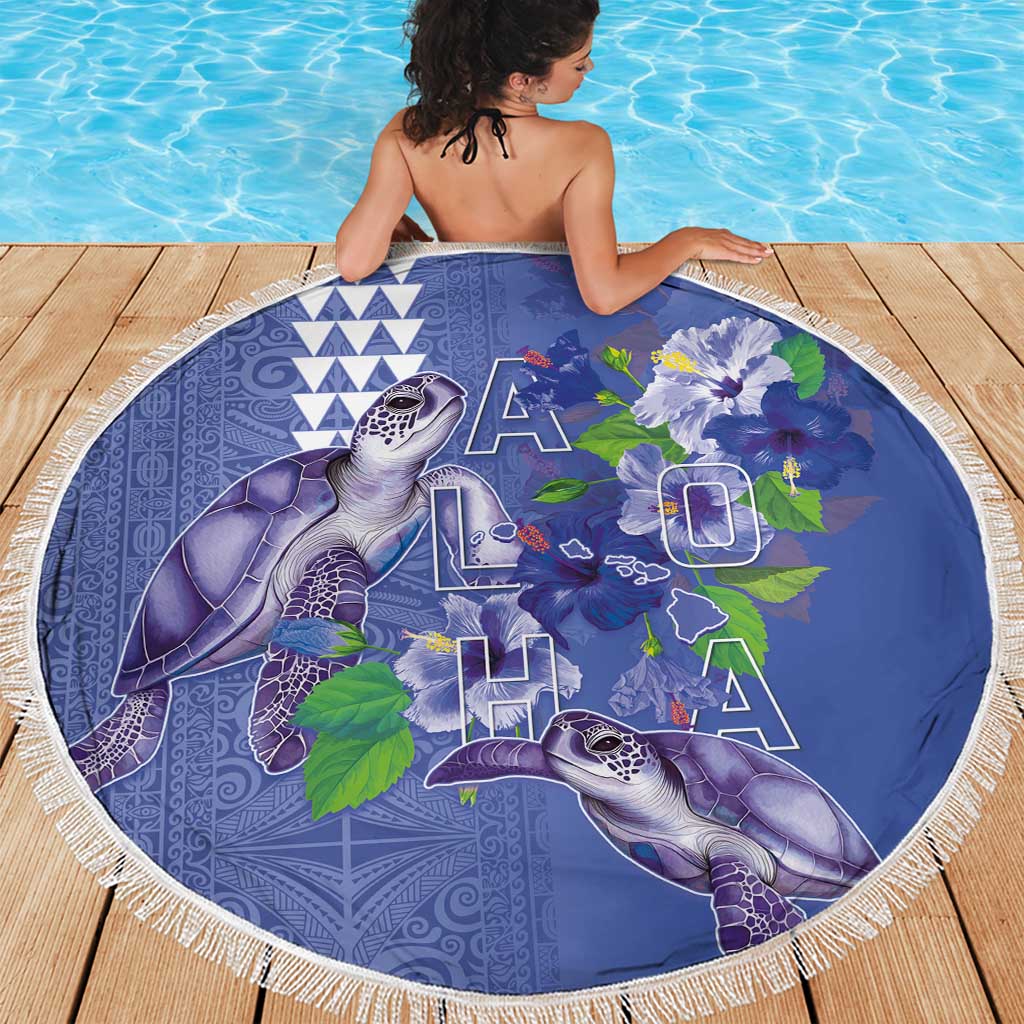 Hawaii Aloha Turtle Hibiscus and Leaves Beach Blanket with Polynesian and Kakau Tattoos Denim Color LT03 - Polynesian Pride