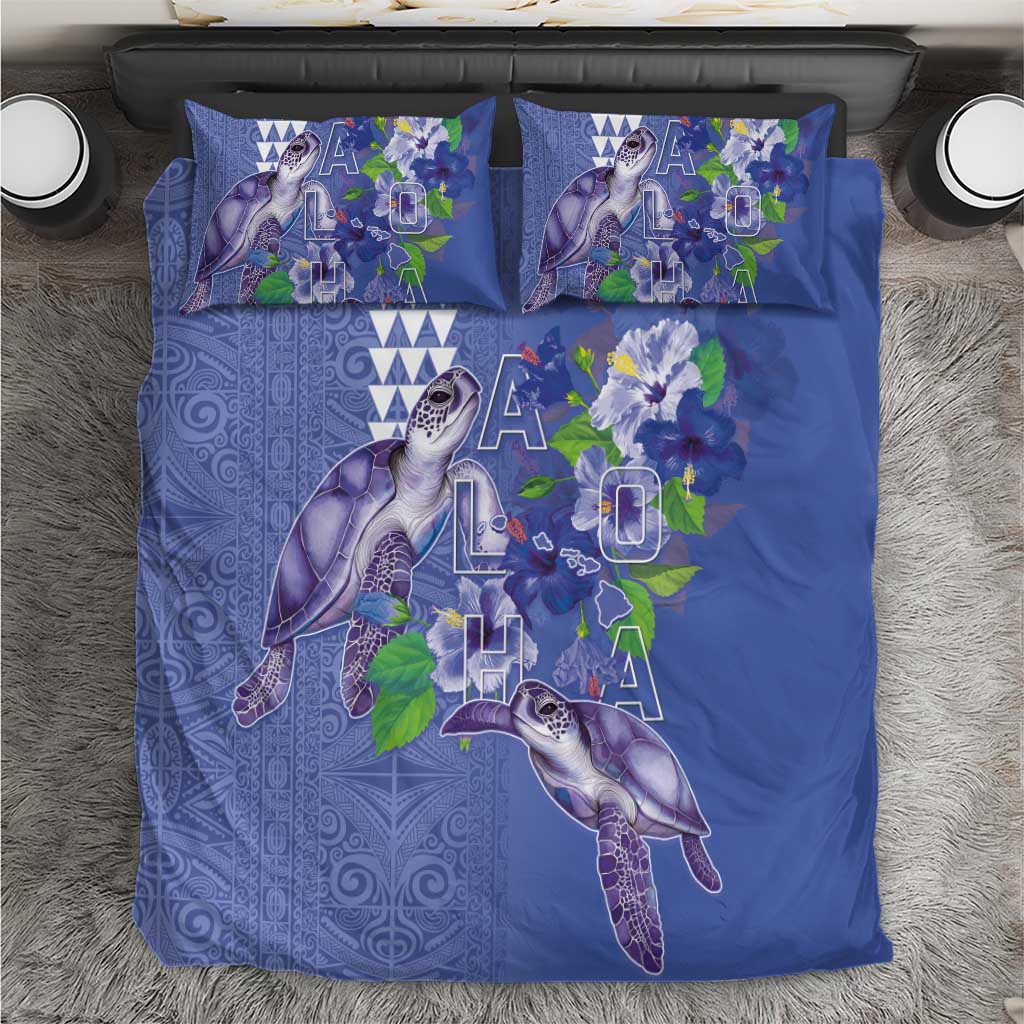 Hawaii Aloha Turtle Hibiscus and Leaves Bedding Set with Polynesian and Kakau Tattoos Denim Color LT03 Blue - Polynesian Pride