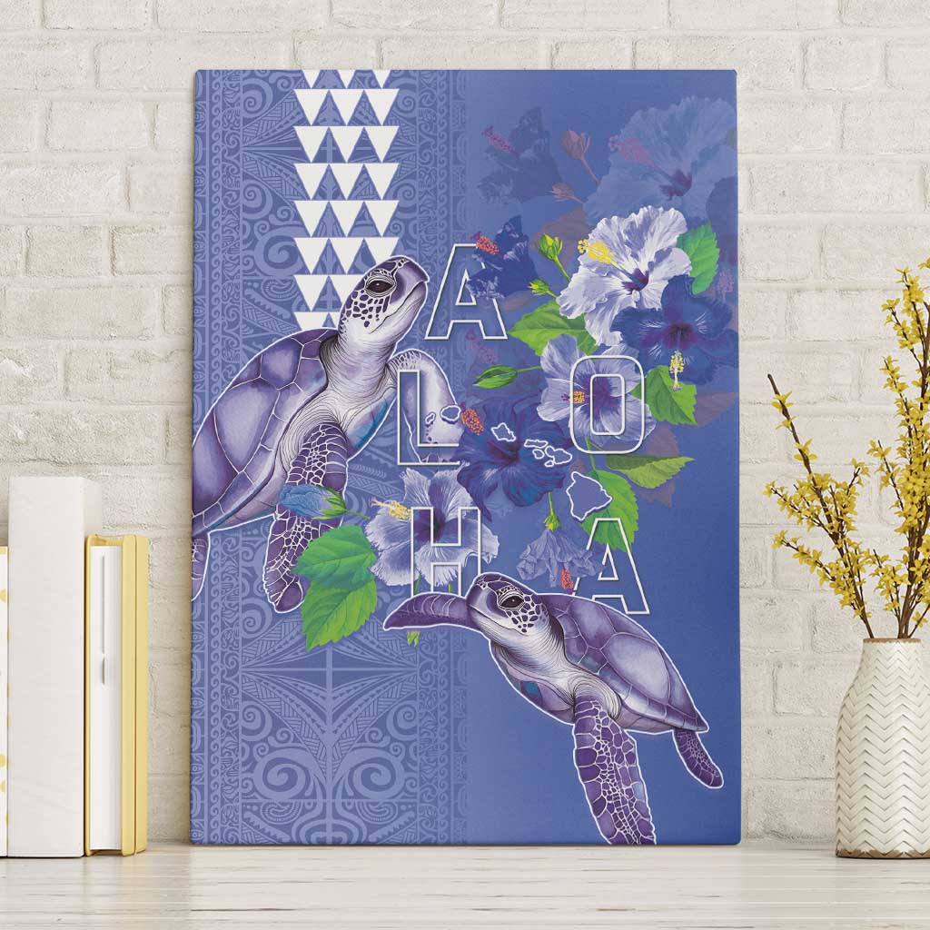 Hawaii Aloha Turtle Hibiscus and Leaves Canvas Wall Art with Polynesian and Kakau Tattoos Denim Color LT03 Without Frame Blue - Polynesian Pride