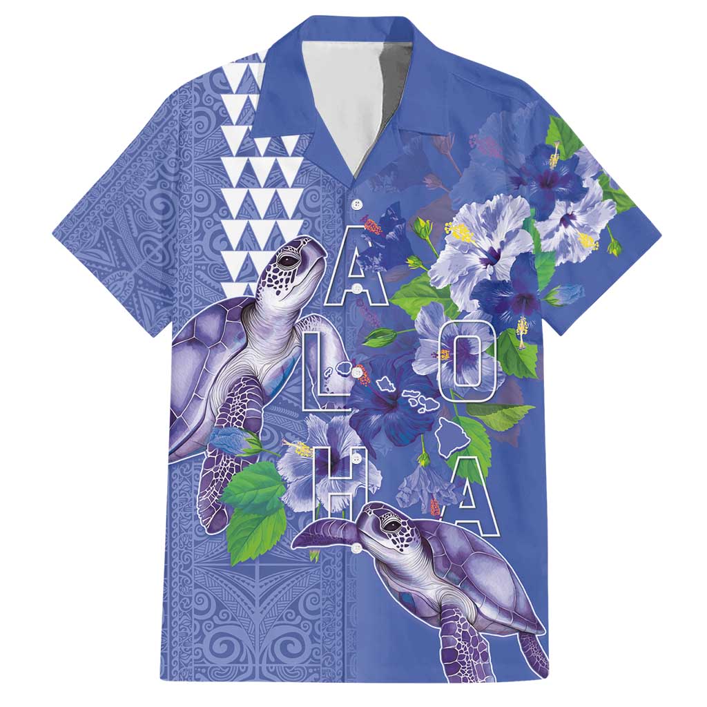 Hawaii Aloha Turtle Hibiscus and Leaves Hawaiian Shirt with Polynesian and Kakau Tattoos Denim Color LT03 Blue - Polynesian Pride