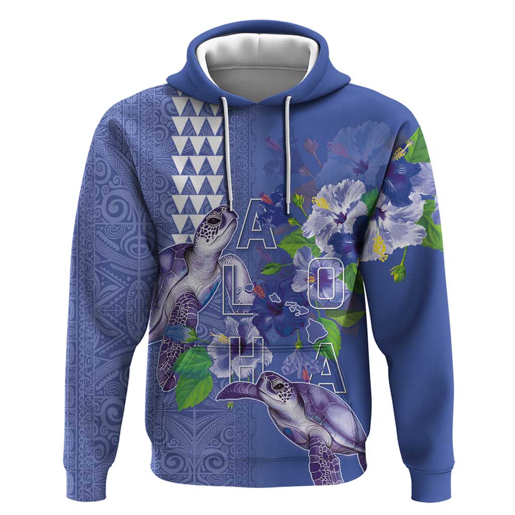 Hawaii Aloha Turtle Hibiscus and Leaves Hoodie with Polynesian and Kakau Tattoos Denim Color LT03 Pullover Hoodie Blue - Polynesian Pride