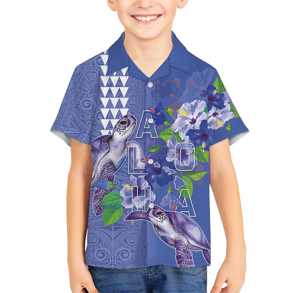 Hawaii Aloha Turtle Hibiscus and Leaves Kid Hawaiian Shirt with Polynesian and Kakau Tattoos Denim Color LT03 Kid Blue - Polynesian Pride