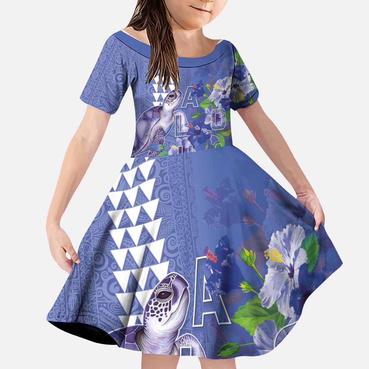Hawaii Aloha Turtle Hibiscus and Leaves Kid Short Sleeve Dress with Polynesian and Kakau Tattoos Denim Color LT03 KID Blue - Polynesian Pride