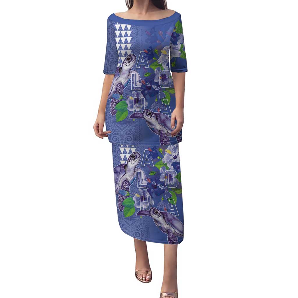 Hawaii Aloha Turtle Hibiscus and Leaves Puletasi with Polynesian and Kakau Tattoos Denim Color LT03 Long Dress Blue - Polynesian Pride