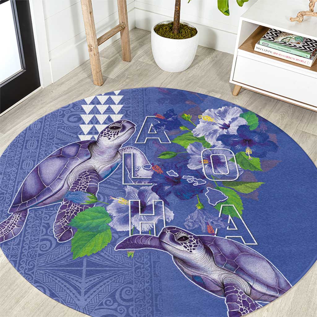Hawaii Aloha Turtle Hibiscus and Leaves Round Carpet with Polynesian and Kakau Tattoos Denim Color LT03 Blue - Polynesian Pride