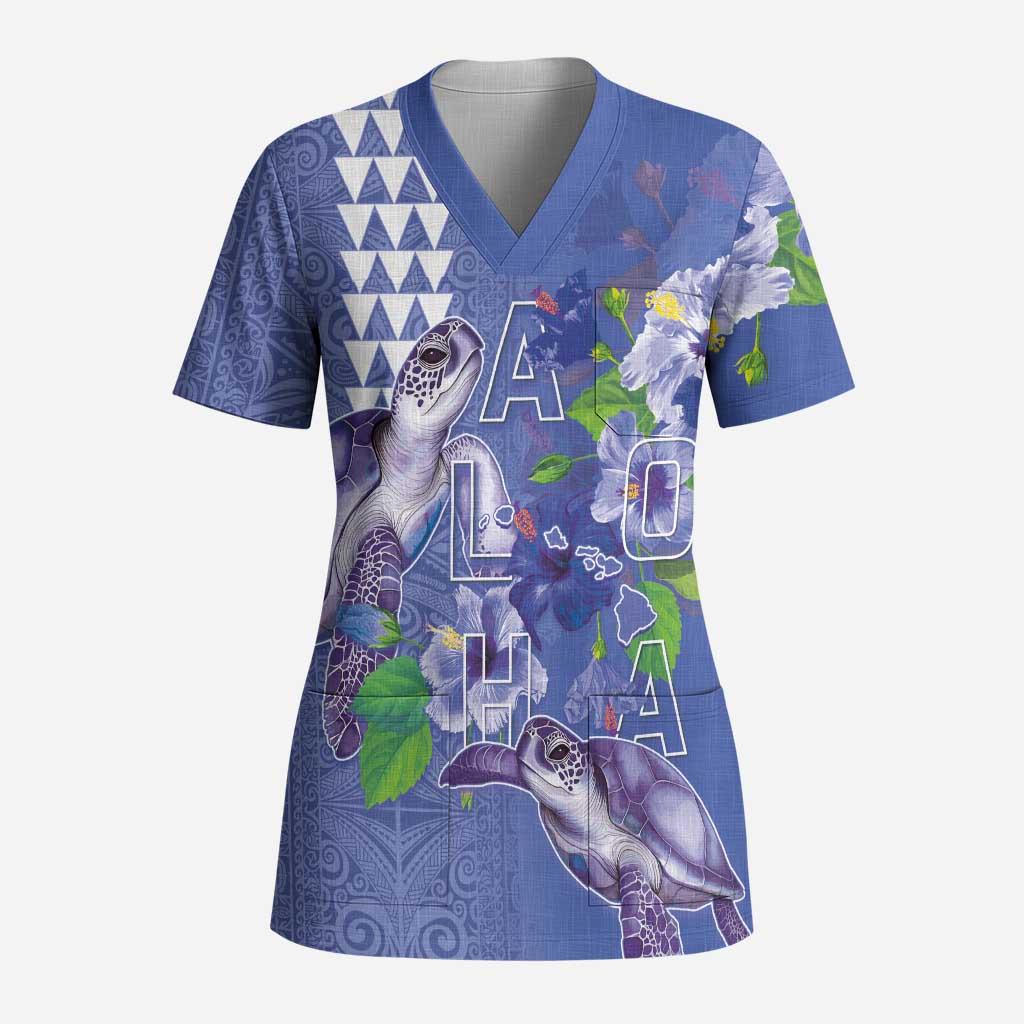 Hawaii Aloha Turtle Hibiscus and Leaves Scrub Top with Polynesian and Kakau Tattoos Denim Color LT03 Adult Blue - Polynesian Pride