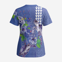 Hawaii Aloha Turtle Hibiscus and Leaves Scrub Top with Polynesian and Kakau Tattoos Denim Color LT03 - Polynesian Pride
