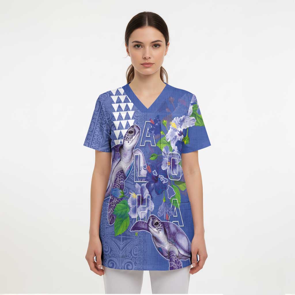 Hawaii Aloha Turtle Hibiscus and Leaves Scrub Top with Polynesian and Kakau Tattoos Denim Color LT03 - Polynesian Pride