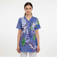 Hawaii Aloha Turtle Hibiscus and Leaves Scrub Top with Polynesian and Kakau Tattoos Denim Color LT03 - Polynesian Pride