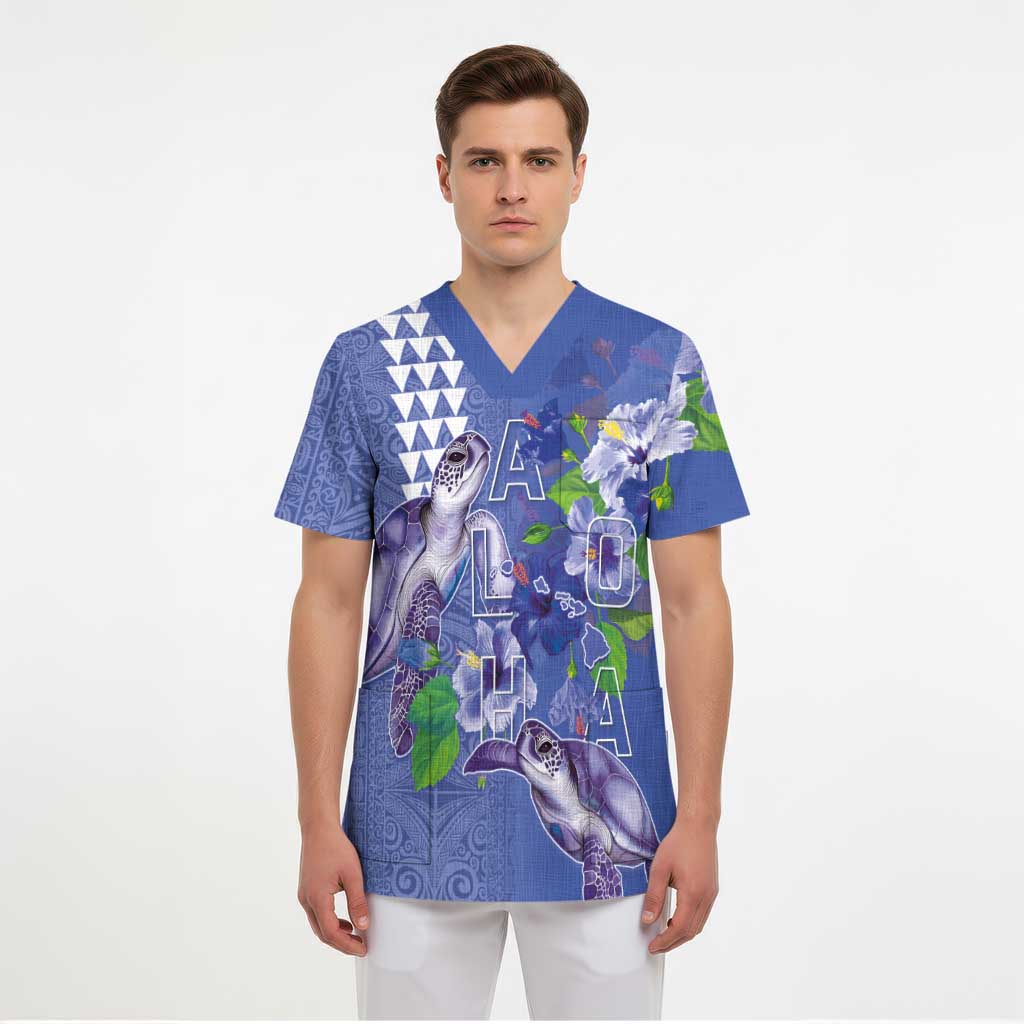 Hawaii Aloha Turtle Hibiscus and Leaves Scrub Top with Polynesian and Kakau Tattoos Denim Color LT03 - Polynesian Pride