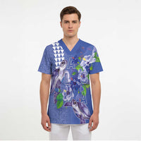 Hawaii Aloha Turtle Hibiscus and Leaves Scrub Top with Polynesian and Kakau Tattoos Denim Color LT03 - Polynesian Pride
