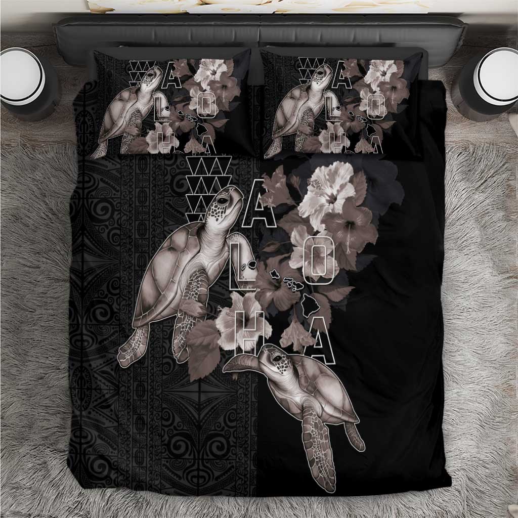 Hawaii Aloha Turtle Hibiscus and Leaves Bedding Set with Polynesian and Kakau Tattoos Black Color LT03 Black - Polynesian Pride