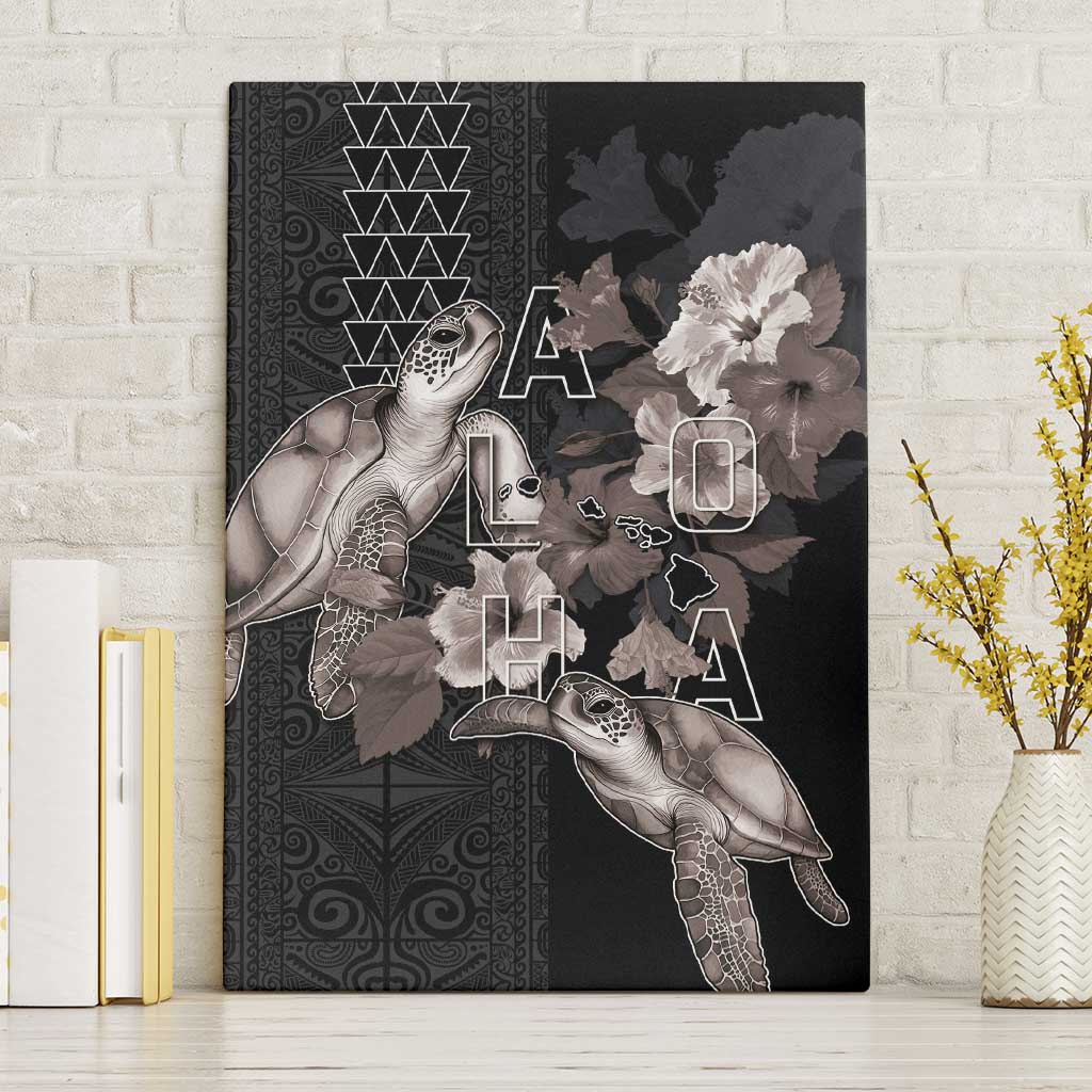 Hawaii Aloha Turtle Hibiscus and Leaves Canvas Wall Art with Polynesian and Kakau Tattoos Black Color LT03 Without Frame Black - Polynesian Pride
