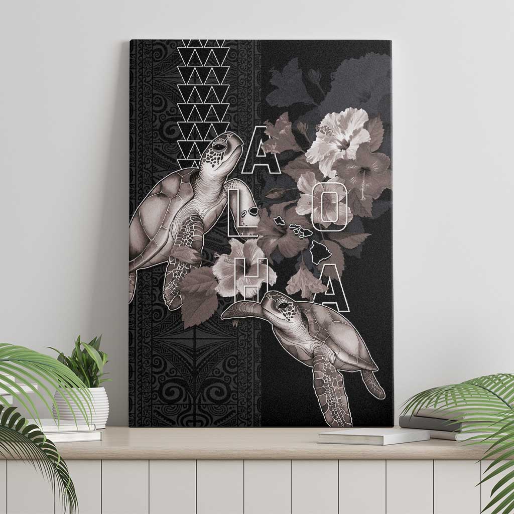 Hawaii Aloha Turtle Hibiscus and Leaves Canvas Wall Art with Polynesian and Kakau Tattoos Black Color LT03 - Polynesian Pride